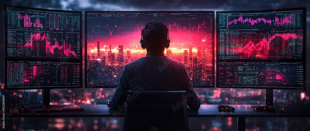 A person sitting at a desk in front of three computer monitors displaying stock market data and a cityscape. A person sitting at a desk in front of three computer monitors displaying stock market data and a cityscape.
