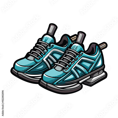 Cartoon illustration of a pair of blue cross training shoes.