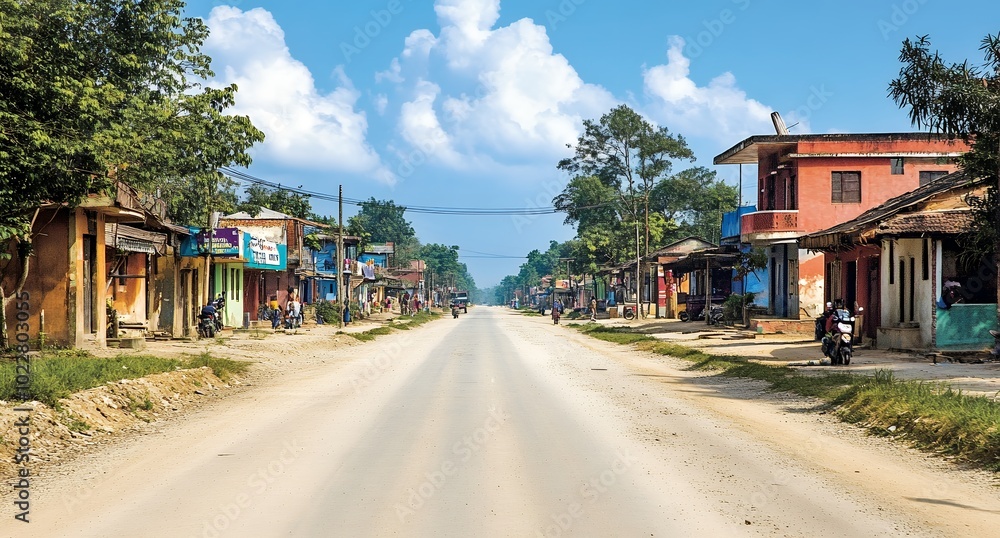 A long, dusty road winds through a small village in Asia, lined with colorful buildings and lush greenery. A long, dusty road winds through a small village in Asia, lined with colorful buildings and lush greenery.