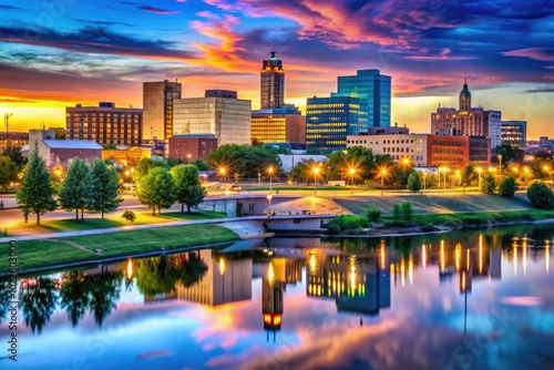 Stunning View of Fargo ND Skyline at Dusk with Vibrant Colors and City Lights Reflecting