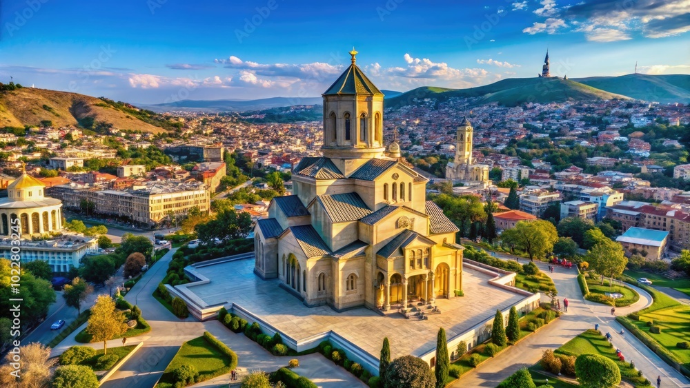 Obraz premium Stunning View of Holy Trinity Cathedral in Tbilisi Against a Clear Blue Sky in Georgia's Capital City