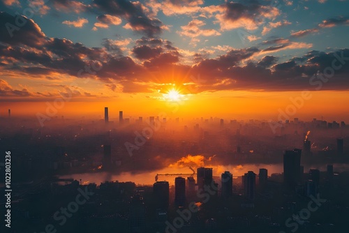 Stunning sunrise over a modern city skyline symbolizing a hopeful new beginning photo