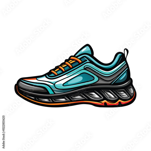 Illustration of a futuristic, sporty running shoe in blue and orange.