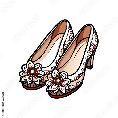 Illustration of a pair of stylish bridal shoes with intricate lace details and floral embellishments.