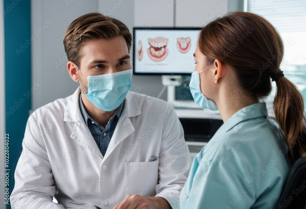 A male dentist wearing a mask, consulting with a female patient in a modern dental clinic, both engaged in discussion. A male dentist wearing a mask, consulting with a female patient in a modern dental clinic, both engaged in discussion.