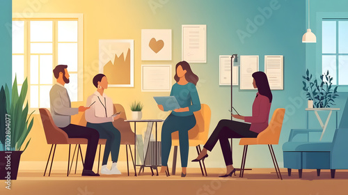 Compassionate Social Worker Providing Support and Services to Individuals and Families in a Community Center: Flat Design Illustration Depicting Care and Assistance