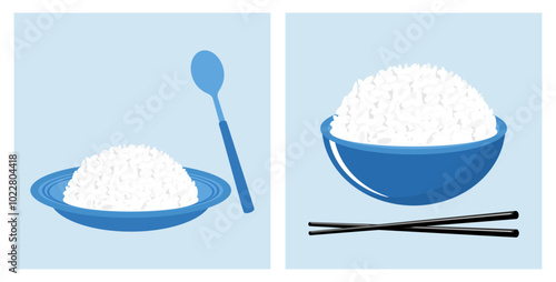 Rice dish, spoon, rice bowl and chopsticks on blue backgrounds vector.