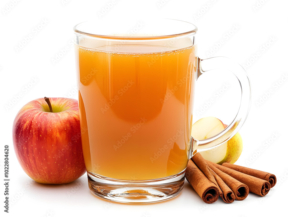 A clear cup with a handle filled with apple juice, isolated on white background A clear cup with a handle filled with apple juice, isolated on white background