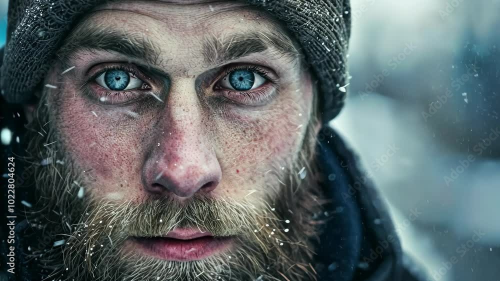 A man with a thick beard and blue eyes stares into the camera, snowflakes falling around him A man with a thick beard and blue eyes stares into the camera, snowflakes falling around him