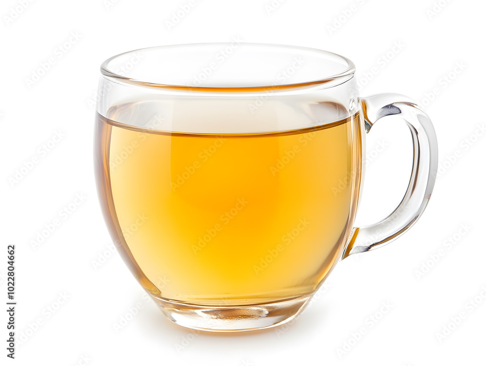A clear cup with a handle filled with apple juice, isolated on white background A clear cup with a handle filled with apple juice, isolated on white background