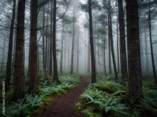 Misty forest, Misty landscape, Fog-shrouded forest, Forest in fog with mist, wilderness landscape forest. Enigmatic mist-covered forest view