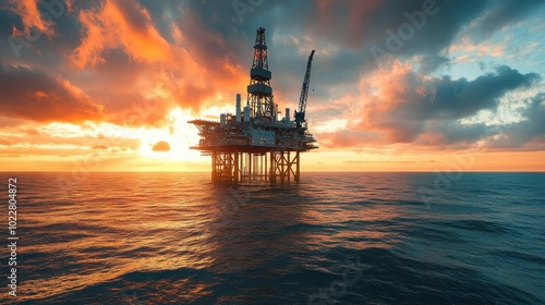 Majestic Oil Rig Silhouetted Against a Fiery Sunset Over the Open Sea