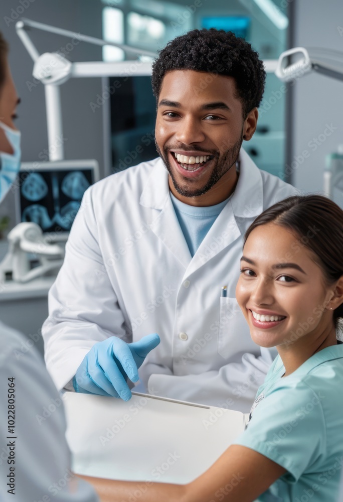Fototapeta premium A male and female dentist smiling with a female patient in the dental chair, all in a modern dental clinic.