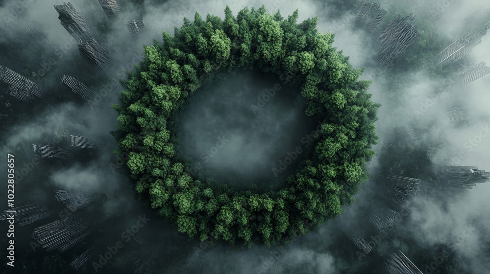 Aerial View of Lush Forest Circle Surrounded by Foggy Cityscape Aerial View of Lush Forest Circle Surrounded by Foggy Cityscape