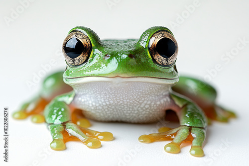 A frog with big eyes and a green body is sitting on a white surface