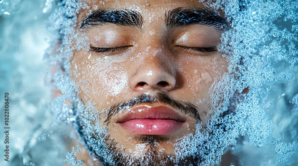 Close-up of a face submerged in icy water with blue veins showing and eyes closed Stock Photo with side copy space Close-up of a face submerged in icy water with blue veins showing and eyes closed Stock Photo with side copy space