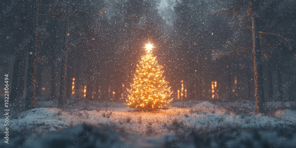 A beautifully lit Christmas tree standing in the middle of a snow-covered forest, Happy New Year. A beautifully lit Christmas tree standing in the middle of a snow-covered forest, Happy New Year.