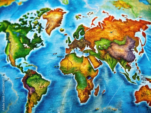 Stunning World Map Illustration with Vibrant Colors and Intricate Geographical Details for Education