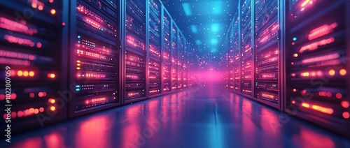 Rows of glowing server racks in a modern data center with pink and blue lighting. photo