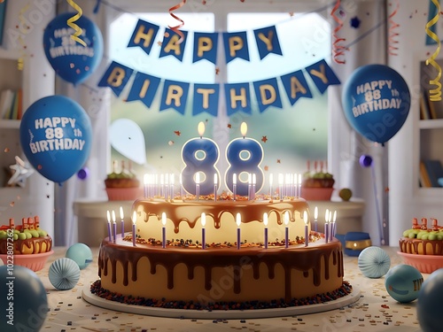 Happy 88th Birthday Cake with Blue Balloon Background photo