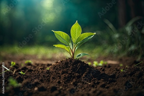 Wallpaper Mural Young plant growing from soil in blurred background. New growth in blurred soil backdrop Torontodigital.ca