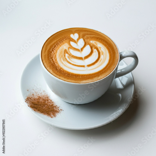 A modern, minimalist latte in a sleek white cup with elegant latte art swirled on top