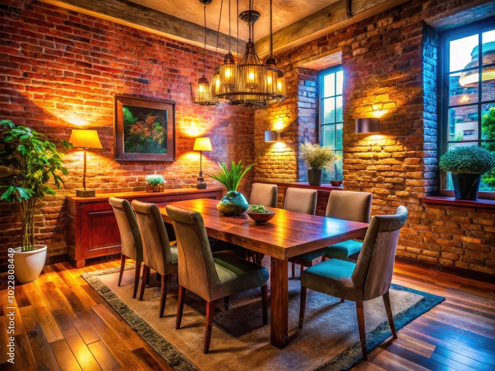 Stylish dining room featuring a rustic brick wall, elegant furniture, and warm ambient lighting decor Stylish dining room featuring a rustic brick wall, elegant furniture, and warm ambient lighting decor