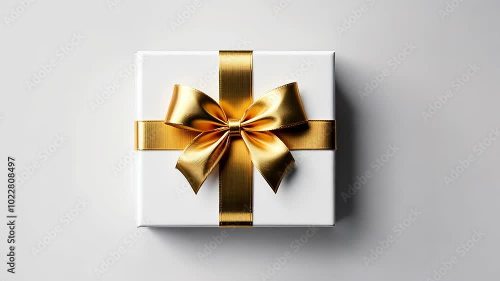 A white gift box with a gold ribbon and bow sits on a white surface A white gift box with a gold ribbon and bow sits on a white surface