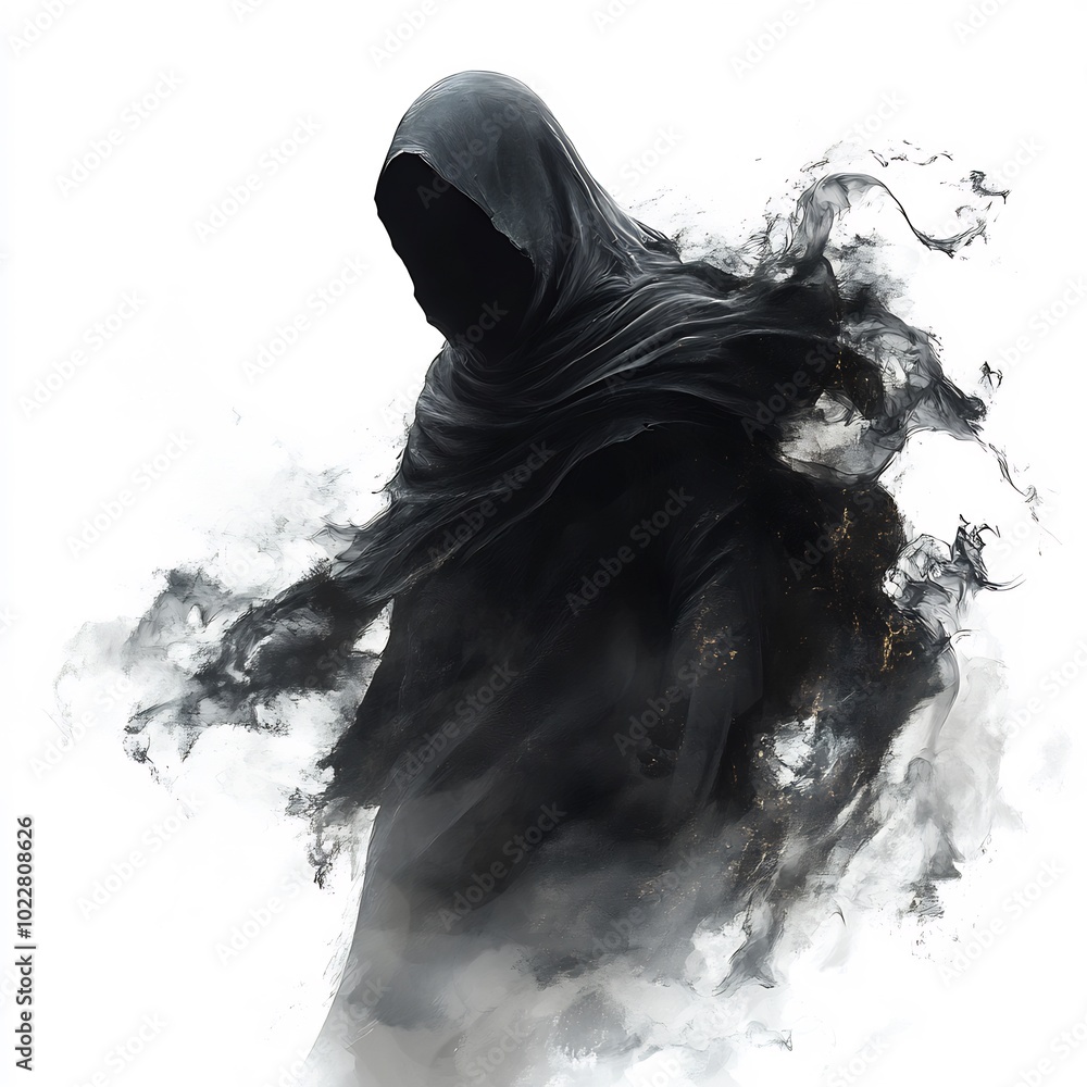 Fototapeta premium A faceless hooded wraith, with dark smoke trailing behind as it flies, on a white background