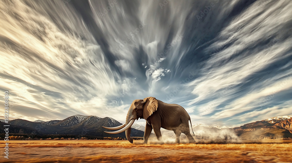 Fototapeta premium elephant standing in a desert oasis with glowing sands and radiant skies