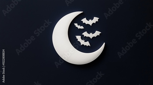 Crescent moon with subtle bat shapes flying across, creating a mysterious Halloween night atmosphere. Halloween concept.