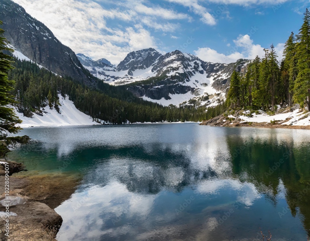 Naklejka premium Pristine Alpine Lake Nestled Between Rugged Snow-Capped Mountains, With Crystal Clear Waters Reflecting the Majestic Peaks and Pine Forests Surrounding the Shoreline
