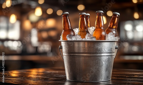 A metal bucket filled with ice and five bottles of beer on a wooden table in a dimly lit bar.