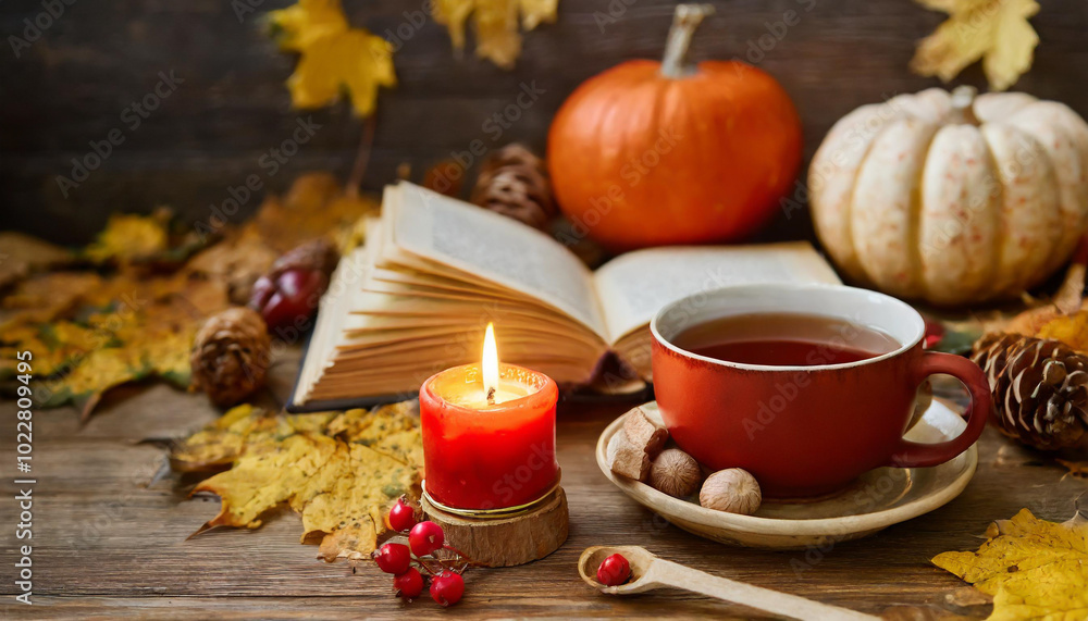 Cozy autumn setting featuring tea, a candle, and pumpkins surrounded by fallen leaves and an open book on a wooden table Cozy autumn setting featuring tea, a candle, and pumpkins surrounded by fallen leaves and an open book on a wooden table
