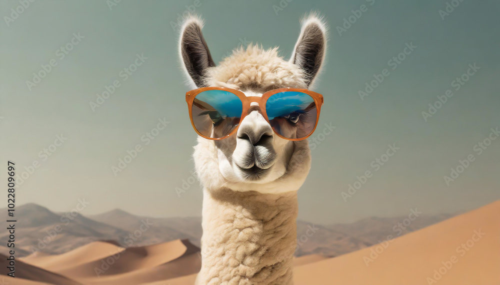 Obraz premium A stylish llama with sunglasses posing in a sunlit desert landscape under a clear sky during daytime