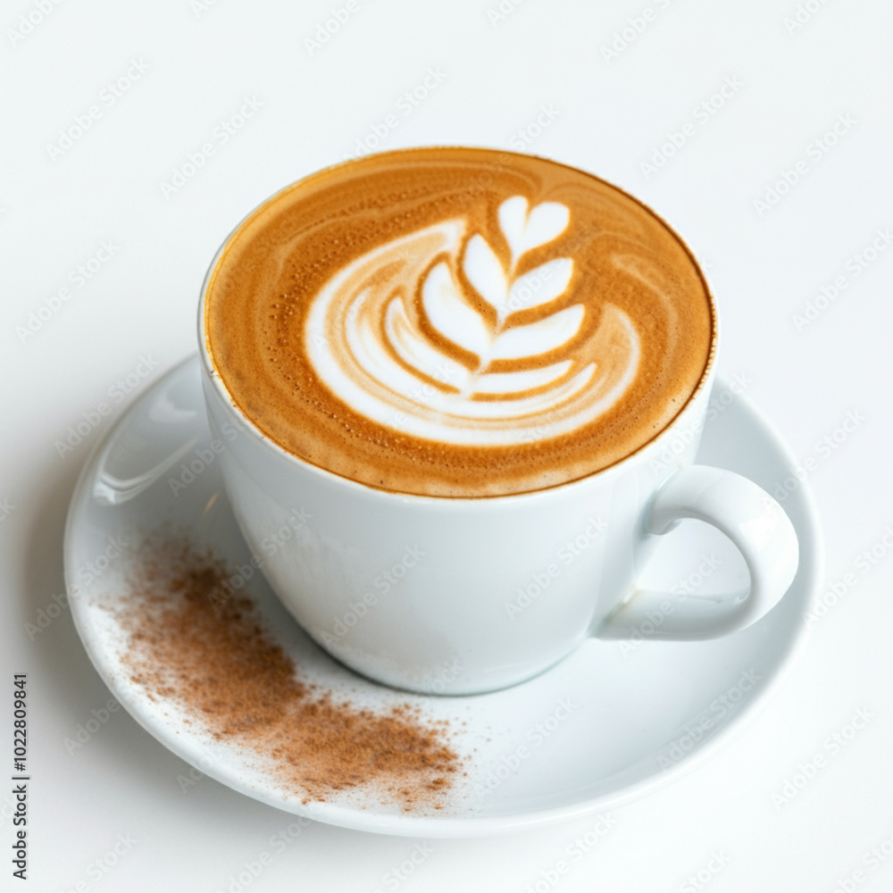 A modern, minimalist latte in a sleek white cup with elegant latte art swirled on top A modern, minimalist latte in a sleek white cup with elegant latte art swirled on top