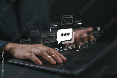 Manager collects information from customer satisfaction to develop products and services, Feedback concept, user comment rating online, writing feedback review, reputation management. photo