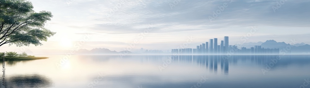 Calm Water Reflection of City Skyline at Dawn Calm Water Reflection of City Skyline at Dawn