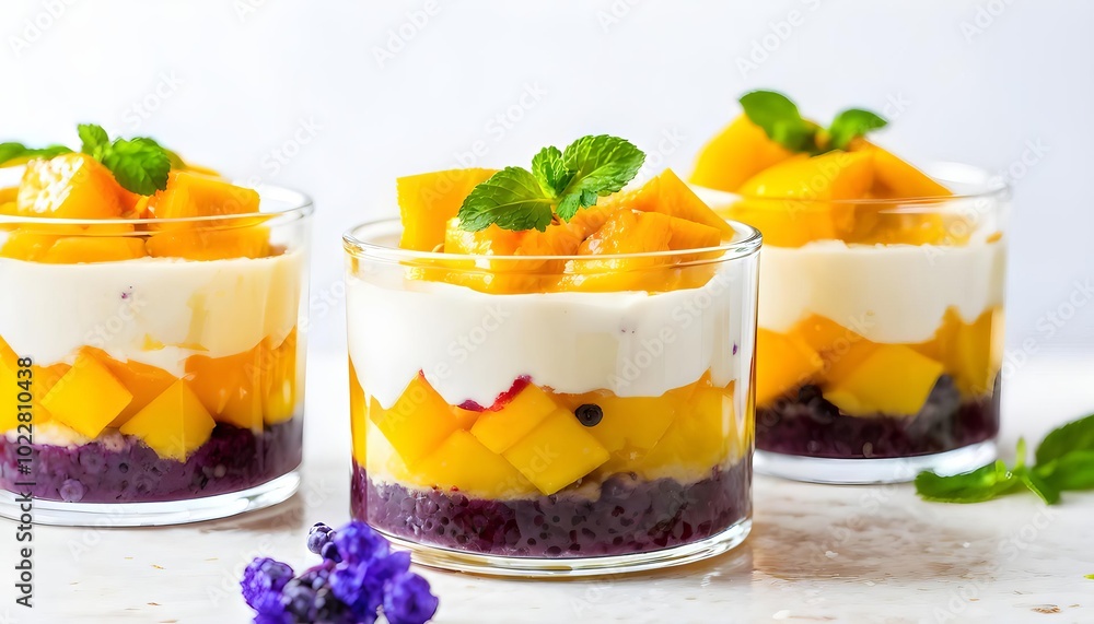 Tropical fruit parfait in glass cups with cream, vibrant dessert against white background Tropical fruit parfait in glass cups with cream, vibrant dessert against white background