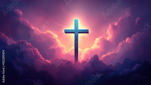 A glowing cross emerges from vibrant clouds, symbolizing hope and spirituality.