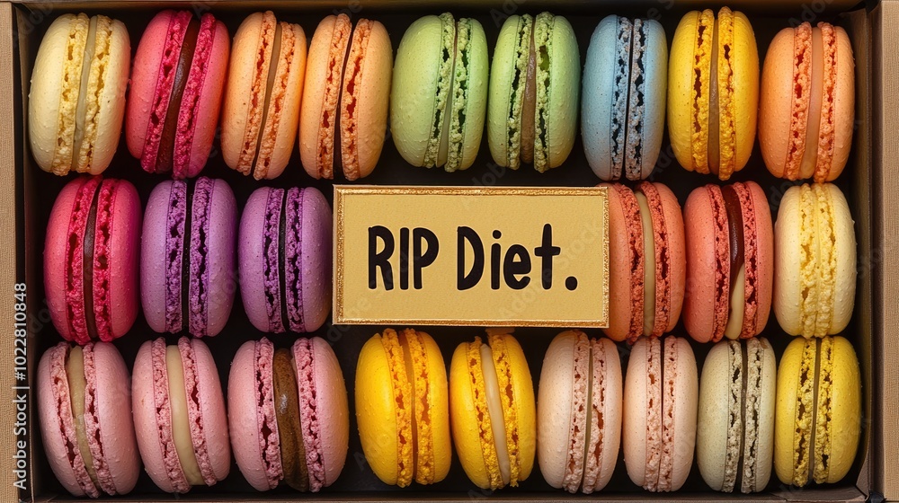 Colorful traditional macaroons arranged in rows within a box featuring the phrase RIP Diet Colorful traditional macaroons arranged in rows within a box featuring the phrase RIP Diet