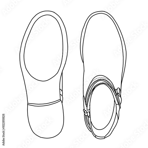 Women's ankle boots shoes with strap Line art, Technical sketch hand drawing outline vector doodle illustration top and bottom view isolated on white background