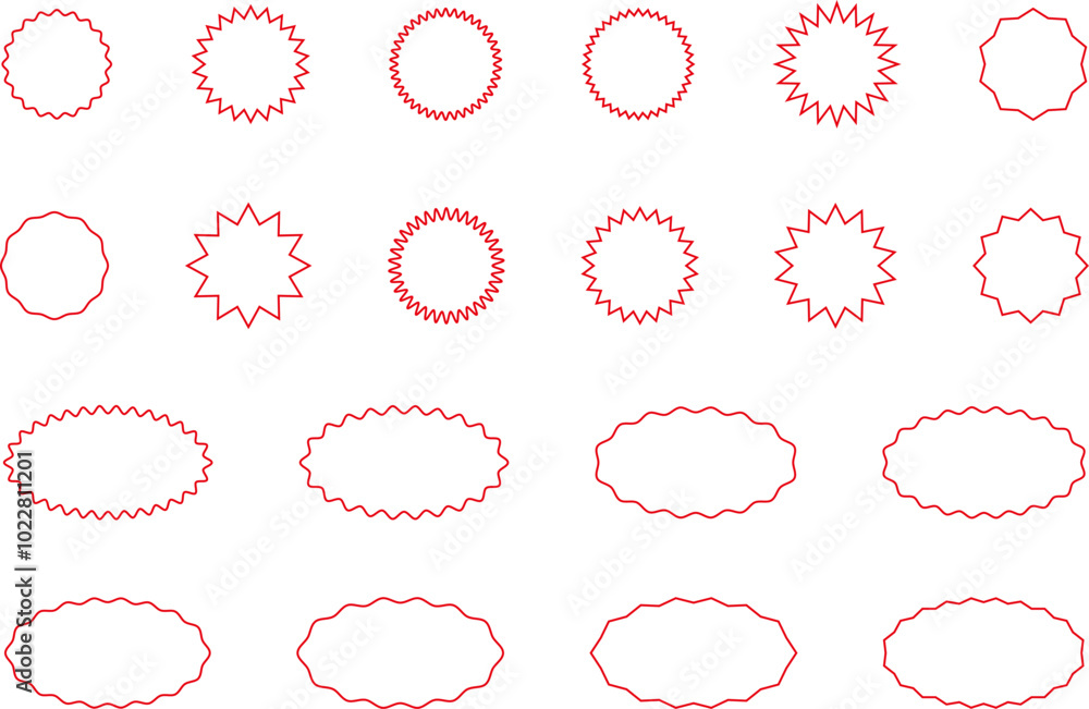 Obraz premium Starburst red sticker set - collection of special offer sale round and oval sunburst labels and buttons isolated on white background. Promo stickers with star edges. Vector
