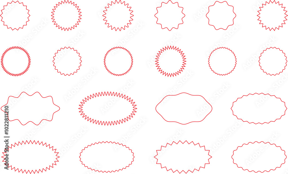 Starburst red sticker set - collection of special offer sale round and oval sunburst labels and buttons isolated on white background. Promo stickers with star edges. Vector Starburst red sticker set - collection of special offer sale round and oval sunburst labels and buttons isolated on white background. Promo stickers with star edges. Vector