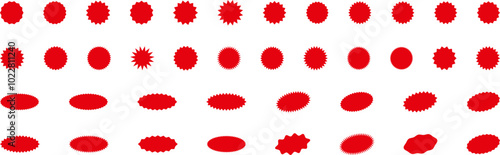 Starburst red sticker set - collection of special offer sale round and oval sunburst labels and buttons isolated on white background. Promo stickers with star edges. Vector