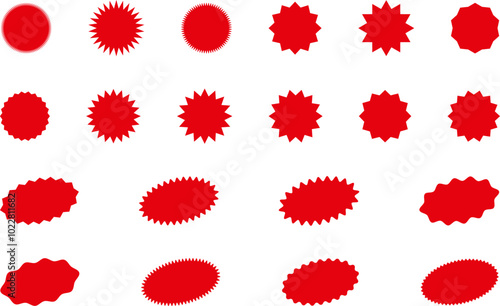 Starburst red sticker set - collection of special offer sale round and oval sunburst labels and buttons isolated on white background. Promo stickers with star edges. Vector