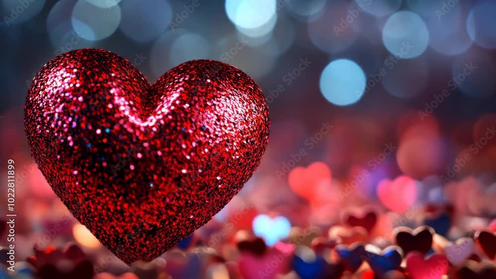 A large, glittery red heart sits atop a bed of smaller hearts A large, glittery red heart sits atop a bed of smaller hearts