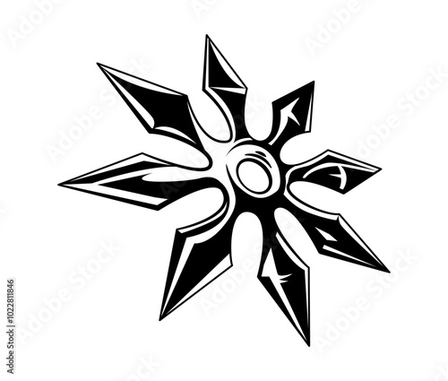 Black and white illustration of a sharp, multi-bladed shuriken with intricate details. Street art, Brutalism flash tattoo, black and white illustration, isolated vector graphic