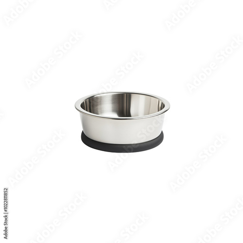 Stylish stainless steel dog bowl with a black rubber bottom, isolated on a white background