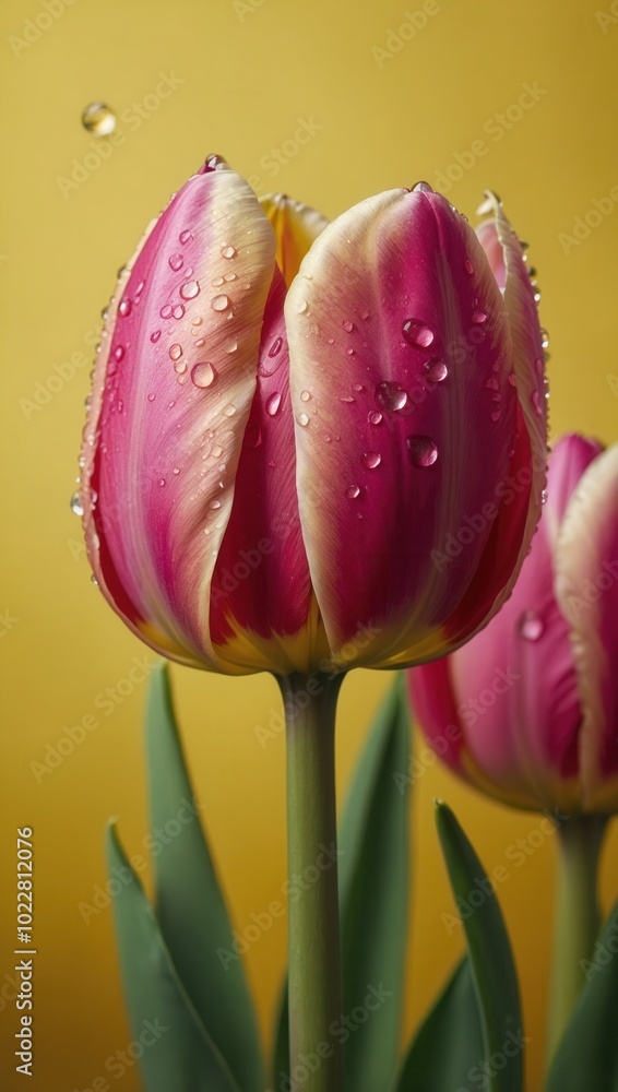 Close-up of pink tulips with water droplets, suggesting recent watering or rainfall Close-up of pink tulips with water droplets, suggesting recent watering or rainfall